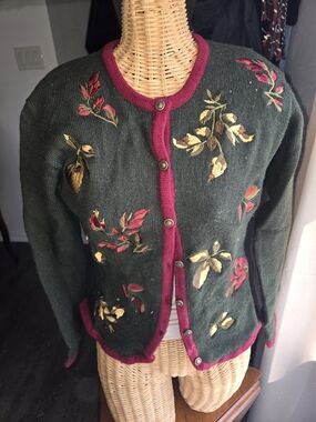 JH Collectibles Vintage Wool Forest Green Cardigan with Floral Embroidery